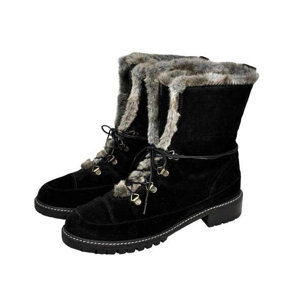 Stuart Weitzman Luge Bootie SZ 9 Fur Lined Lace Up Black Suede Winter Flat Warm - Picture 13 of 14